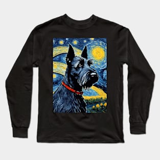 Cute Scottish Terrier Dog Breed Painting in a Van Gogh Starry Night Art Style Long Sleeve T-Shirt